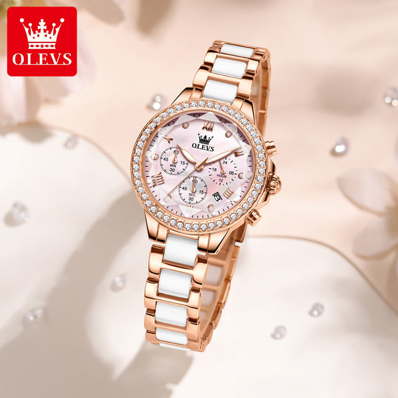 OLEVS 9999 | Pink Crystal-Set Women’s Watch detail view