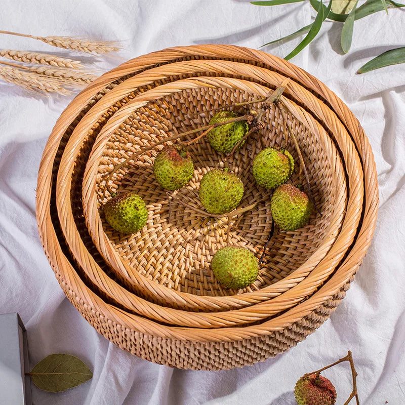 HEMU-Round Rattan Woven Basket, Wicker Fruit Basket, Bread Food, Kitchen Home Decor Organizer